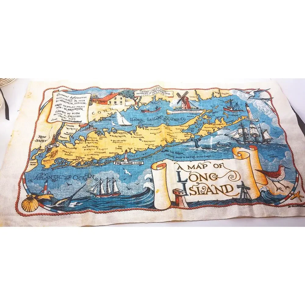 Vintage Long Island Map Linen Tea Towel Art Print by Richard Batchelder READ
